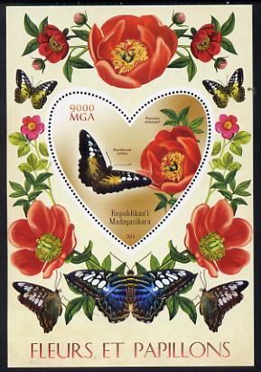 Madagascar 2014 Flowers & Butterflies #3 perf souvenir sheet containing heart shaped value unmounted mint , stamps on butterflies, stamps on shaped, stamps on flowers