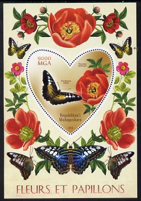 Madagascar 2014 Flowers & Butterflies #3 perf souvenir sheet containing heart shaped value unmounted mint , stamps on , stamps on  stamps on butterflies, stamps on  stamps on shaped, stamps on  stamps on flowers