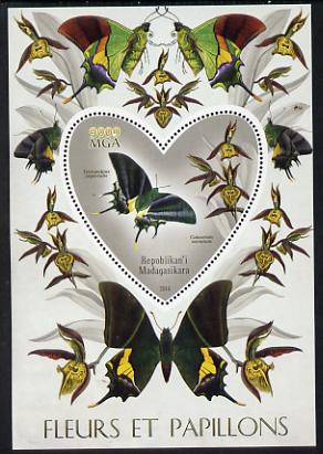 Madagascar 2014 Flowers & Butterflies #4 perf souvenir sheet containing heart shaped value unmounted mint , stamps on , stamps on  stamps on butterflies, stamps on  stamps on shaped, stamps on  stamps on flowers