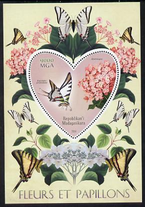 Madagascar 2014 Flowers & Butterflies #5 perf souvenir sheet containing heart shaped value unmounted mint , stamps on , stamps on  stamps on butterflies, stamps on  stamps on shaped, stamps on  stamps on flowers