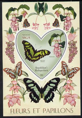 Madagascar 2014 Flowers & Butterflies #6 perf souvenir sheet containing heart shaped value unmounted mint , stamps on butterflies, stamps on shaped, stamps on flowers