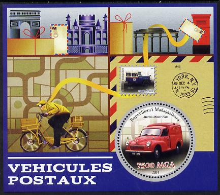 Madagascar 2014 Postal Vehicles perf souvenir sheet containing circular shaped value unmounted mint , stamps on , stamps on  stamps on shaped, stamps on  stamps on postal, stamps on  stamps on bicycles, stamps on  stamps on trucks, stamps on  stamps on stampon, stamps on  stamps on stamp on stamp, stamps on  stamps on postbox, stamps on  stamps on pillar box