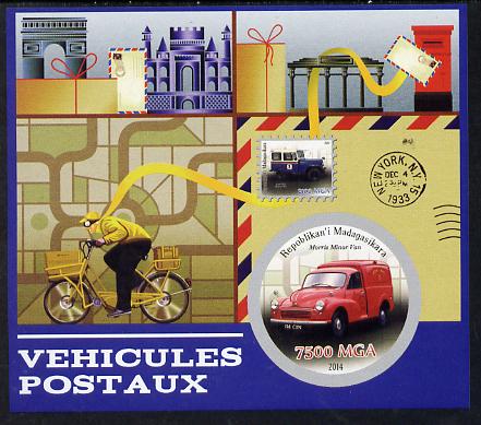 Madagascar 2014 Postal Vehicles imperf souvenir sheet containing circular shaped value unmounted mint , stamps on shaped, stamps on postal, stamps on bicycles, stamps on trucks, stamps on stampon, stamps on stamp on stamp, stamps on postbox, stamps on pillar box