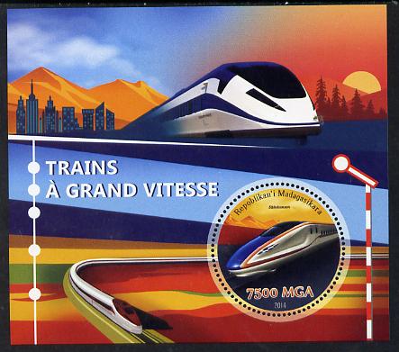 Madagascar 2014 High Speed Trains perf souvenir sheet containing circular shaped value unmounted mint , stamps on shaped, stamps on railways