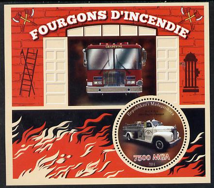 Madagascar 2014 Fire Trucks perf souvenir sheet containing circular shaped value unmounted mint , stamps on , stamps on  stamps on shaped, stamps on  stamps on fire, stamps on  stamps on trucks