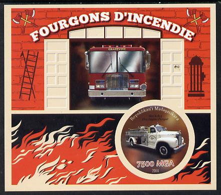 Madagascar 2014 Fire Trucks imperf souvenir sheet containing circular shaped value unmounted mint , stamps on , stamps on  stamps on shaped, stamps on  stamps on fire, stamps on  stamps on trucks