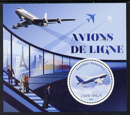 Madagascar 2014 Airliners perf souvenir sheet containing circular shaped value unmounted mint , stamps on shaped, stamps on aviation