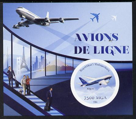 Madagascar 2014 Airliners imperf souvenir sheet containing circular shaped value unmounted mint , stamps on shaped, stamps on aviation