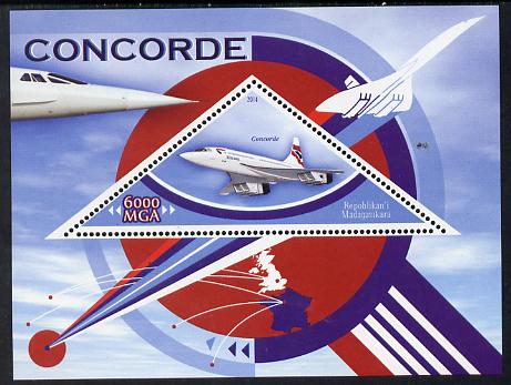 Madagascar 2014 Concorde perf souvenir sheet containing triangular shaped value unmounted mint , stamps on shaped, stamps on aviation, stamps on concorde, stamps on triangular