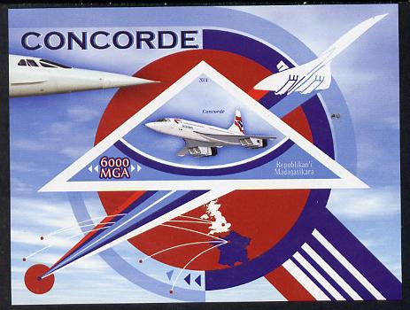 Madagascar 2014 Concorde imperf souvenir sheet containing triangular shaped value unmounted mint , stamps on , stamps on  stamps on shaped, stamps on  stamps on aviation, stamps on  stamps on concorde, stamps on  stamps on triangular