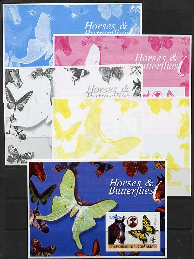 Somalia 2003 Horses & Butterflies (also showing Baden Powell and Scout & Guide Logos) s/sheet - the set of 5 imperf progressive proofs comprising the 4 individual colours..., stamps on horses, stamps on butterflies, stamps on scouts