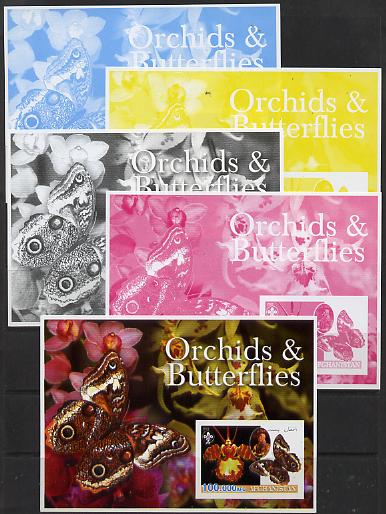 Afghanistan 2003 Orchids & Butterflies (with baden Powell) souvenir sheet - the set of 5 imperf progressive proofs comprising the 4 individual colours plus all 4-colour composite unmounted mint , stamps on , stamps on  stamps on flowers, stamps on  stamps on orchids, stamps on  stamps on butterflies, stamps on  stamps on scouts, stamps on  stamps on 