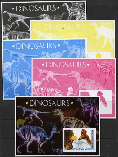 Benin 2003 Dinosaurs & Minerals souvenir sheet - the set of 5 imperf progressive proofs comprising the 4 individual colours plus all 4-colour composite unmounted mint , stamps on dinosaurs, stamps on minerals