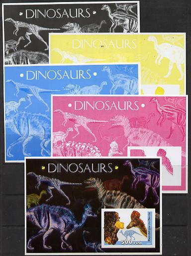 Benin 2003 Dinosaurs & Minerals souvenir sheet - the set of 5 imperf progressive proofs comprising the 4 individual colours plus all 4-colour composite unmounted mint , stamps on , stamps on  stamps on dinosaurs, stamps on  stamps on minerals