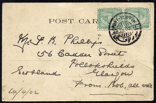 Egypt 1902 Picture Postcard of Port said addressed to Glasgow bearing 2 x 2m green tied Port Tewfix cds, stamps on pyramids