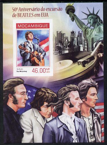 Mozambique 2014 50th Anniversary of Beatles Trip to USA #1 imperf s/sheet unmounted mint. Note this item is privately produced and is offered purely on its thematic appeal , stamps on personalities, stamps on beatles, stamps on pops, stamps on music, stamps on rock, stamps on  americana, stamps on statue of liberty