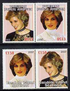 Easdale 2007 Princess Diana \A31.50 #1 perf se-tenant pair with images transposed and Country, value & date inverted (normal shown here for comparison but is not included..., stamps on personalities, stamps on diana, stamps on royalty, stamps on women