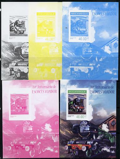 Mozambique 2014 80th Anniversary of Flying Scotsman #3 s/sheet - the set of 5 imperf progressive proofs comprising the 4 individual colours plus all 4-colour composite, u..., stamps on railways, stamps on scots