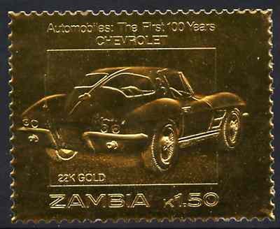 Zambia 1987 Classic Cars 1k50 Chevrolet in 22k gold foil unmounted mint, stamps on cars    chevrolet