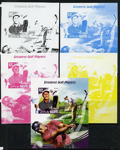 Maldive Islands 2014 Greatest Golf Players - Vijay Singh s/sheet - the set of 5 imperf progressive proofs comprising the 4 individual colours plus all 4-colour composite, unmounted mint , stamps on , stamps on  stamps on personalities, stamps on  stamps on sport, stamps on  stamps on golf