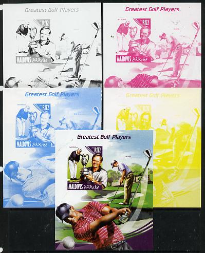 Maldive Islands 2014 Greatest Golf Players - Jack Nicklaus s/sheet - the set of 5 imperf progressive proofs comprising the 4 individual colours plus all 4-colour composite, unmounted mint , stamps on , stamps on  stamps on personalities, stamps on  stamps on sport, stamps on  stamps on golf