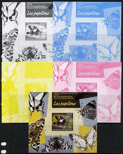 Central African Republic 2014 Butterflies #01 imperf s/sheet A - the set of 5 imperf progressive proofs comprising the 4 individual colours plus all 4-colour composite, u..., stamps on butterflies