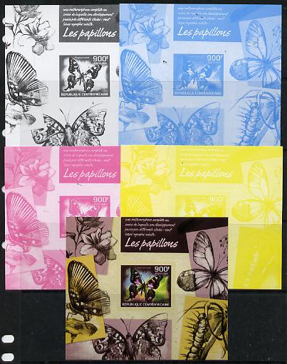 Central African Republic 2014 Butterflies #02 imperf s/sheet A - the set of 5 imperf progressive proofs comprising the 4 individual colours plus all 4-colour composite, unmounted mint , stamps on butterflies
