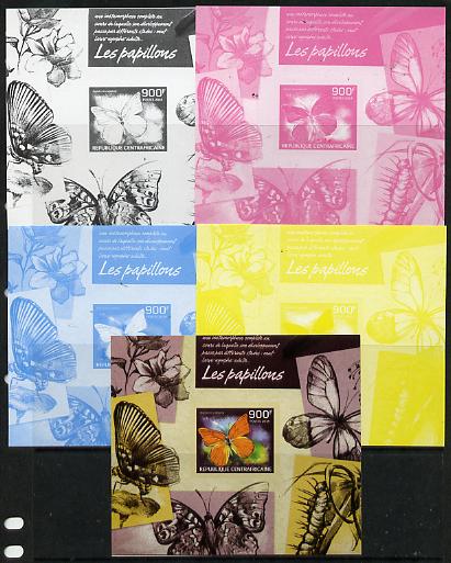 Central African Republic 2014 Butterflies #02 imperf s/sheet B - the set of 5 imperf progressive proofs comprising the 4 individual colours plus all 4-colour composite, unmounted mint , stamps on butterflies