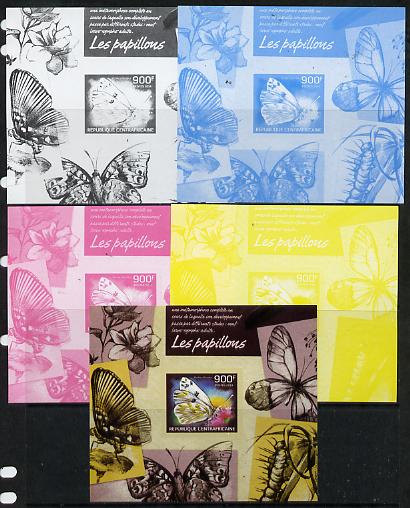 Central African Republic 2014 Butterflies #02 imperf s/sheet C - the set of 5 imperf progressive proofs comprising the 4 individual colours plus all 4-colour composite, unmounted mint , stamps on butterflies