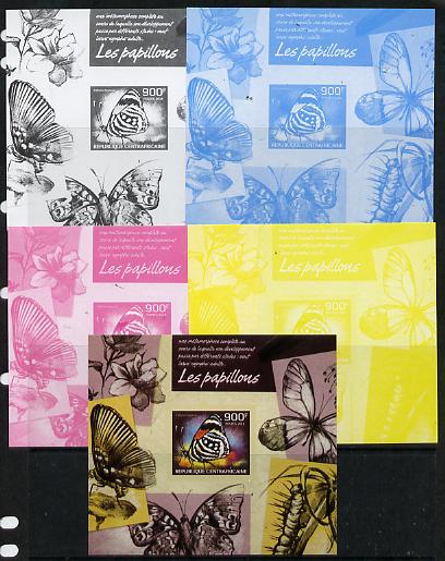 Central African Republic 2014 Butterflies #02 imperf s/sheet D - the set of 5 imperf progressive proofs comprising the 4 individual colours plus all 4-colour composite, u..., stamps on butterflies