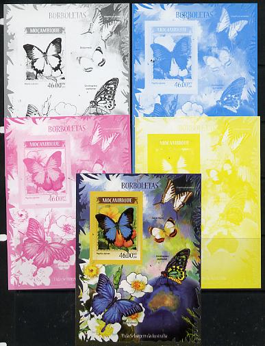 Mozambique 2014 Butterflies #01 imperf s/sheet C - the set of 5 imperf progressive proofs comprising the 4 individual colours plus all 4-colour composite, unmounted mint , stamps on butterflies