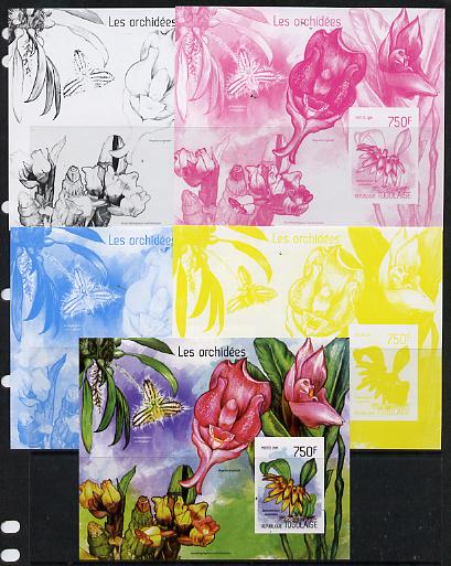 Togo 2014 Orchids imperf s/sheet C - the set of 5 imperf progressive proofs comprising the 4 individual colours plus all 4-colour composite, unmounted mint , stamps on , stamps on  stamps on flowers, stamps on  stamps on orchids