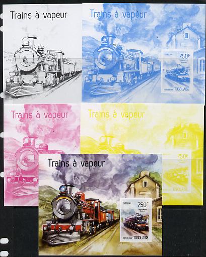 Togo 2014 Steam Locomotives imperf s/sheet B - the set of 5 imperf progressive proofs comprising the 4 individual colours plus all 4-colour composite, unmounted mint , stamps on railways