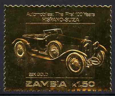 Zambia 1987 Classic Cars 1k50 Hispano-Suiza in 22k gold foil unmounted mint, stamps on , stamps on  stamps on cars        hispano suiza