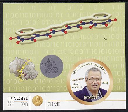 Mali 2014 Nobel Prize for Chemistry (2013) - Arieh  Warshel imperf s/sheet containing one circular value unmounted mint , stamps on nobel, stamps on personalities, stamps on shaped, stamps on chemistry, stamps on 