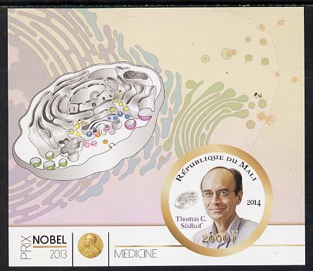 Mali 2014 Nobel Prize for Medicine (2013) - Thomas C Sudhof imperf s/sheet containing one circular value unmounted mint , stamps on , stamps on  stamps on nobel, stamps on  stamps on personalities, stamps on  stamps on shaped, stamps on  stamps on medical, stamps on  stamps on 