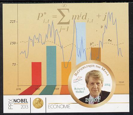 Mali 2014 Nobel Prize for Economics (2013) - Robert J Shiller imperf s/sheet containing one circular value unmounted mint , stamps on nobel, stamps on personalities, stamps on shaped, stamps on economics, stamps on finance, stamps on 