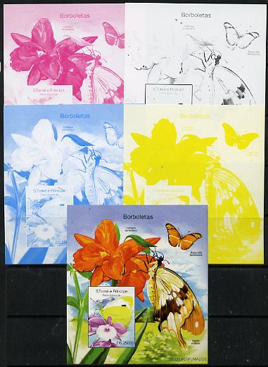 St Thomas & Prince Islands 2014 Butterflies D deluxe m/sheet - the set of 5 imperf progressive proofs comprising the 4 individual colours plus all 4-colour composite, unmounted mint , stamps on butterflies, stamps on 