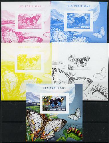 Togo 2014 Butterflies H deluxe m/sheet - the set of 5 imperf progressive proofs comprising the 4 individual colours plus all 4-colour composite, unmounted mint , stamps on , stamps on  stamps on butterflies, stamps on  stamps on 