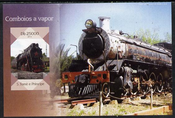 St Thomas & Prince Islands 2014 Steam Trains #3 imperf s/sheet unmounted mint. Note this item is privately produced and is offered purely on its thematic appeal, stamps on , stamps on  stamps on railways