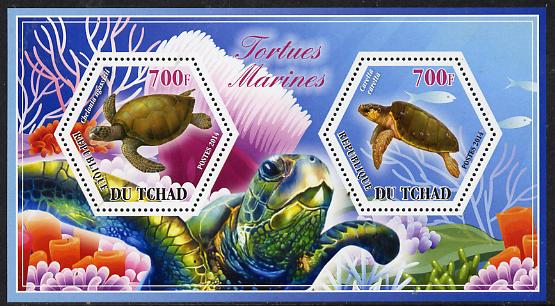 Chad 2014 Turtles #2 perf sheetlet containing two hexagonal-shaped values unmounted mint , stamps on shaped, stamps on hexagon, stamps on hexagonal, stamps on reptiles, stamps on turtles