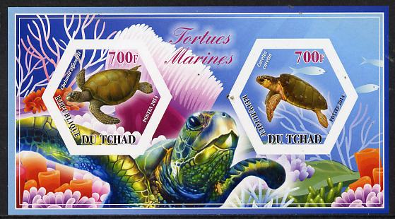 Chad 2014 Turtles #2 imperf sheetlet containing two hexagonal-shaped values unmounted mint , stamps on , stamps on  stamps on shaped, stamps on  stamps on hexagon, stamps on  stamps on hexagonal, stamps on  stamps on reptiles, stamps on  stamps on turtles