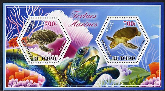 Chad 2014 Turtles #3 perf sheetlet containing two hexagonal-shaped values unmounted mint , stamps on , stamps on  stamps on shaped, stamps on  stamps on hexagon, stamps on  stamps on hexagonal, stamps on  stamps on reptiles, stamps on  stamps on turtles