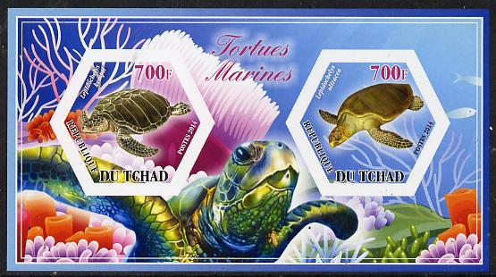 Chad 2014 Turtles #3 imperf sheetlet containing two hexagonal-shaped values unmounted mint , stamps on , stamps on  stamps on shaped, stamps on  stamps on hexagon, stamps on  stamps on hexagonal, stamps on  stamps on reptiles, stamps on  stamps on turtles