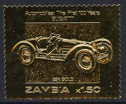 Zambia 1987 Classic Cars 1k50 Bugatti in 22k gold foil unmounted mint, stamps on cars      bugatti