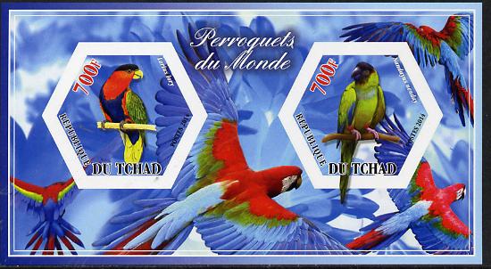 Chad 2014 Parrots #1 imperf sheetlet containing two hexagonal-shaped values unmounted mint , stamps on , stamps on  stamps on shaped, stamps on  stamps on hexagon, stamps on  stamps on hexagonal, stamps on  stamps on birds.parrots