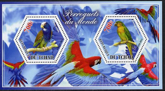 Chad 2014 Parrots #3 perf sheetlet containing two hexagonal-shaped values unmounted mint , stamps on shaped, stamps on hexagon, stamps on hexagonal, stamps on birds.parrots