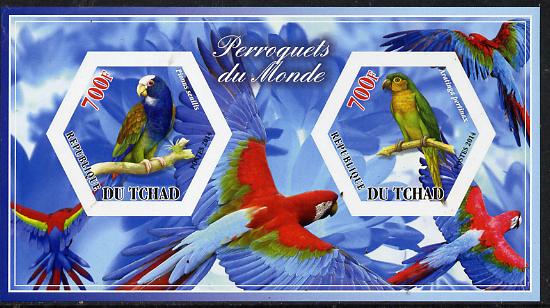 Chad 2014 Parrots #3 imperf sheetlet containing two hexagonal-shaped values unmounted mint , stamps on , stamps on  stamps on shaped, stamps on  stamps on hexagon, stamps on  stamps on hexagonal, stamps on  stamps on birds.parrots