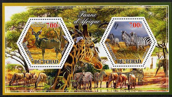 Chad 2014 Animals of Africa #1 perf sheetlet containing two hexagonal-shaped values unmounted mint , stamps on shaped, stamps on hexagon, stamps on hexagonal, stamps on animals, stamps on 