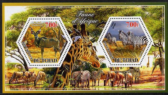 Chad 2014 Animals of Africa #1 perf sheetlet containing two hexagonal-shaped values unmounted mint , stamps on , stamps on  stamps on shaped, stamps on  stamps on hexagon, stamps on  stamps on hexagonal, stamps on  stamps on animals, stamps on  stamps on 